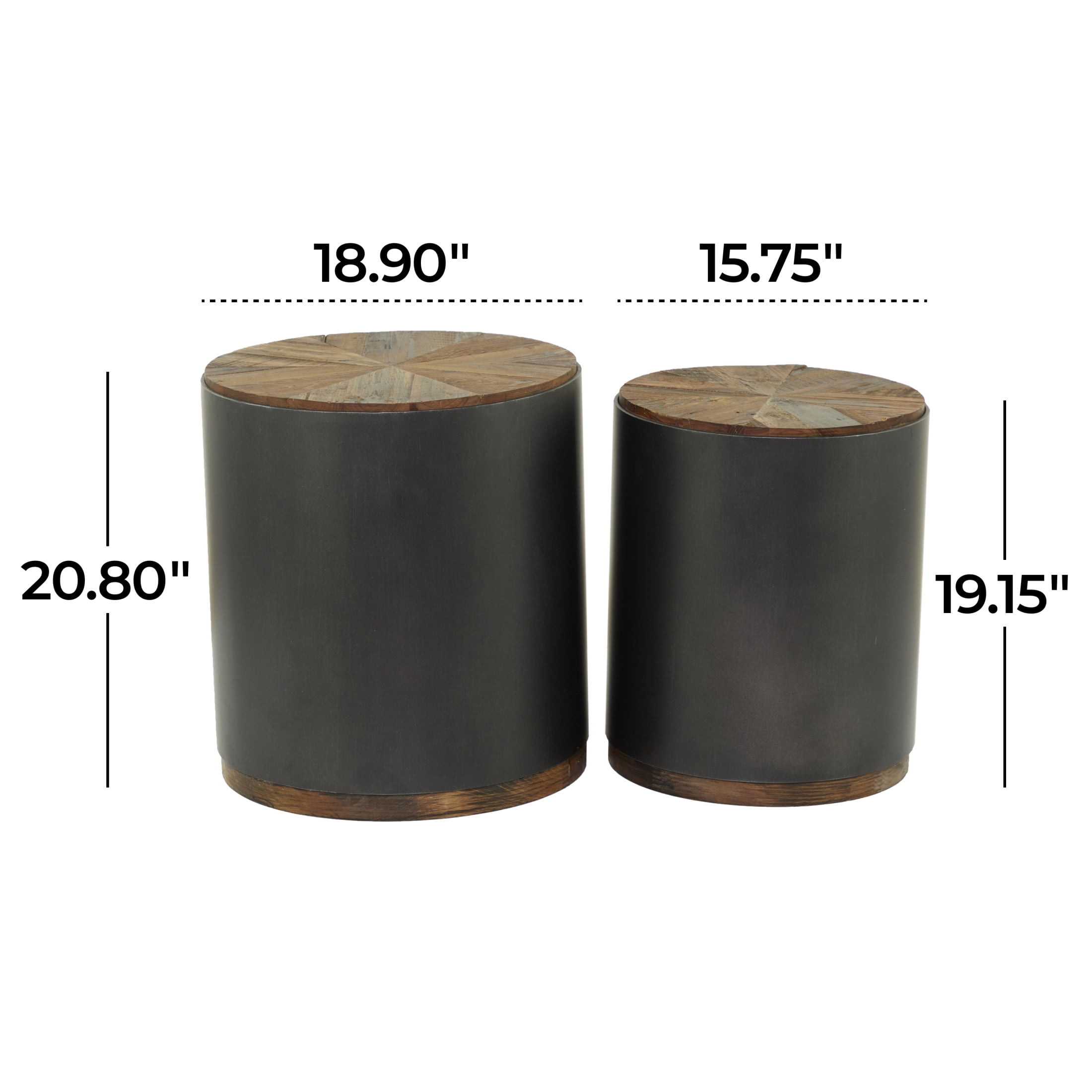 DecMode 19" x 21" Black Metal Drum Accent Table with Brown Wood Top, 2-Pieces