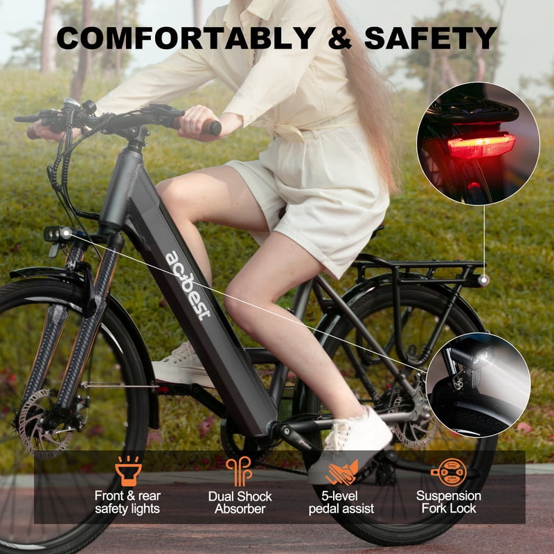Actbest Electric Bike for Adults, 26" Step-Through Electric Bicycle with 36V 13Ah Removable Battery, 750W Peak Motor Electric Cruiser Bike with 22MPH, 7 Gears & Front Suspension (Grey) with Saddlebag