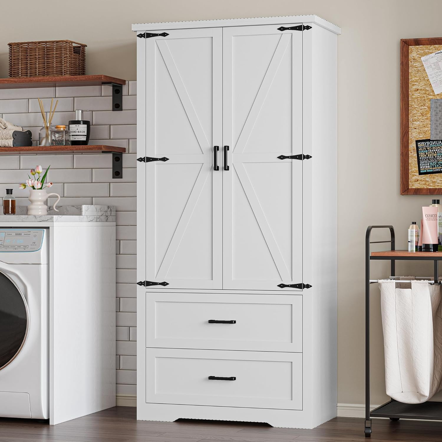 FANRAL 71” Tall Pantry Organizers and Storage Cabinet with Barn Doors & Drawers,Adjustable Shelf for Kitchen Dining Room Living Room Bathroom Office,White Pantry Cabinet
