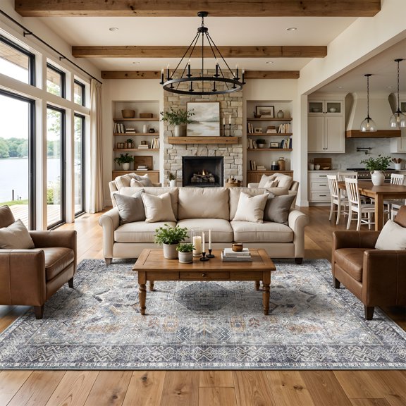 Washable Living Room Runner Rug - 5'x7 'Large Bedroom Rug Distressed Oriental Non-Slip Non-Shedding Print Floor Carpet for Dining Room Kitchen (Grey/Blue, 5 x 7)