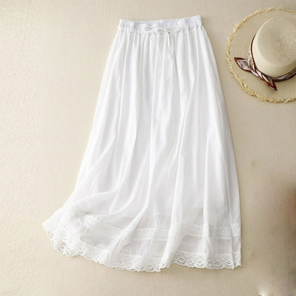 Maoxin Skirt for Women Women's Summer Loose Elastic Waist Full Length Embroidery Skirt Double Layer Flowing And Linen Gauze Skirt ,White,L