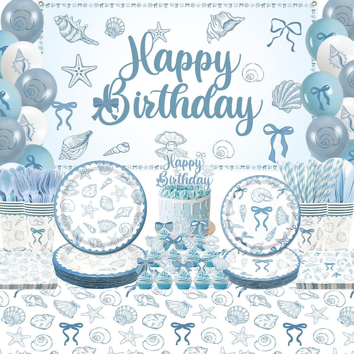 Seashell Birthday Party Decorations-20 Guests-Coastal Birthday Decorations Includes Cups Napkins Tablecloth Backdrop Balloons Cake Topper Tableware for Blue Bow Seashell Coastal Birthday Decor VT01