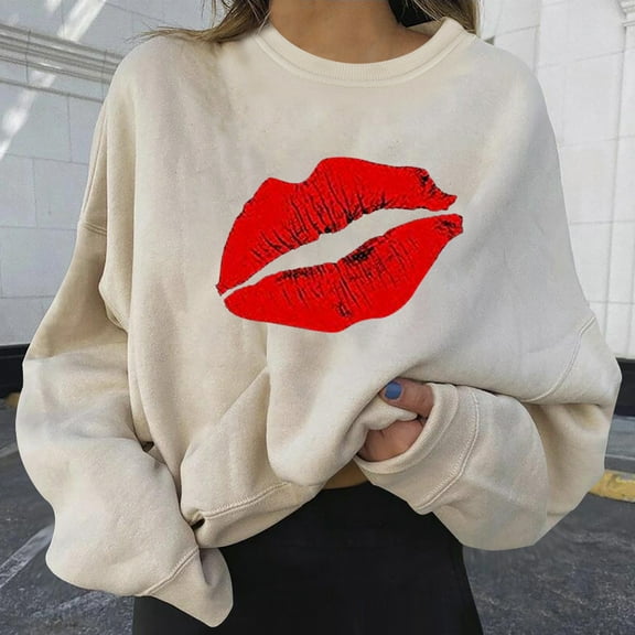 Under $15 POROPL Women Sweatshirt Plus Size Long Sleeve Crew Neck Sweatshirt Printed Pullover Tops Beige L