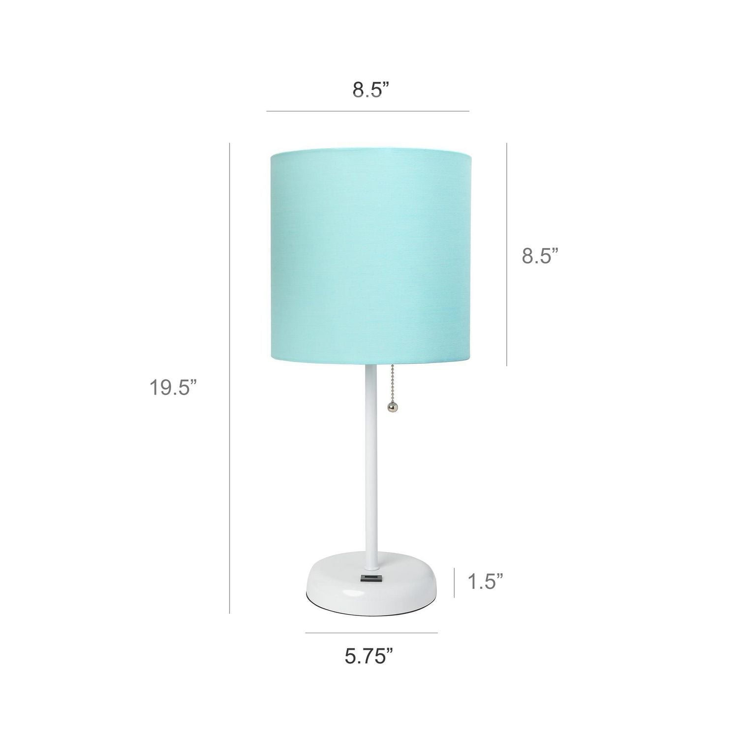 LimeLights White Stick Lamp with USB charging port and Fabric Shade, Aqua