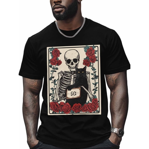 Black Cat Skull Men's T Shirts Rose Vintage T-Shirt for Men Crew Neck Tees Cotton Tops, Black, S