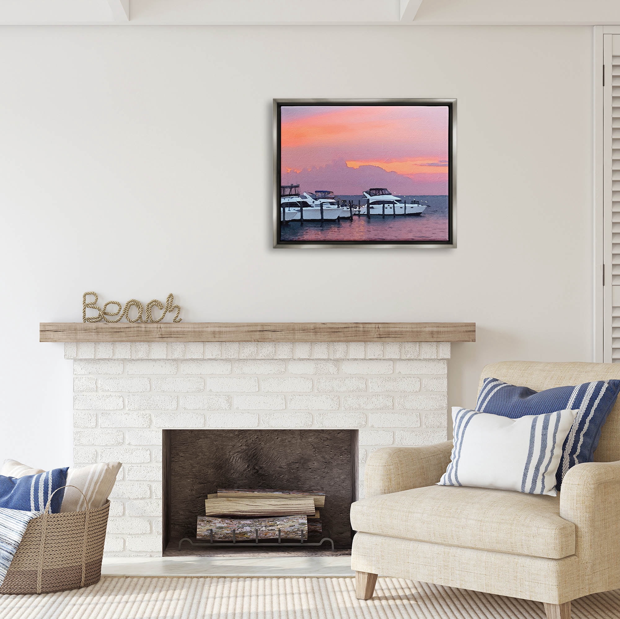 Stupell Industries Boat Harbor Pink Sunset Landscape Coastal Photography Gray Floater Framed Art Print Wall Art