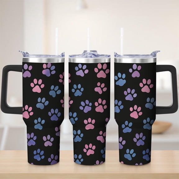Colorful Paw Print Stainless Steel Insulated Mug with Lid and Handle, 30oz