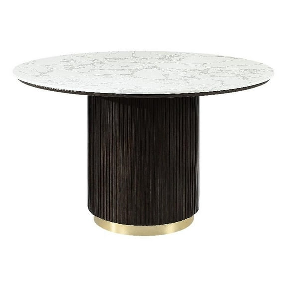 Pemberly Row Wood & Artificial Marble Round Dining Table in White & Espresso