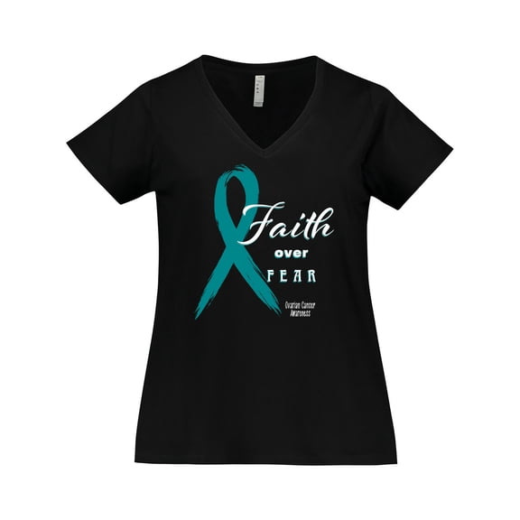 Inktastic Faith over Fear Ovarian Cancer Awareness with Teal Ribbon Women's Plus Size V-Neck T-Shirt