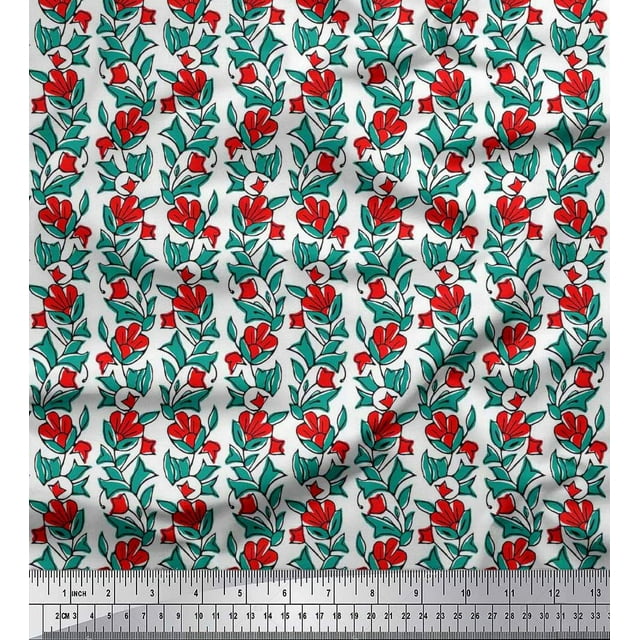 Soimoi Moss Georgette Fabric Leaves & Floral Block Decor Fabric Printed Yard 42 Inch Wide