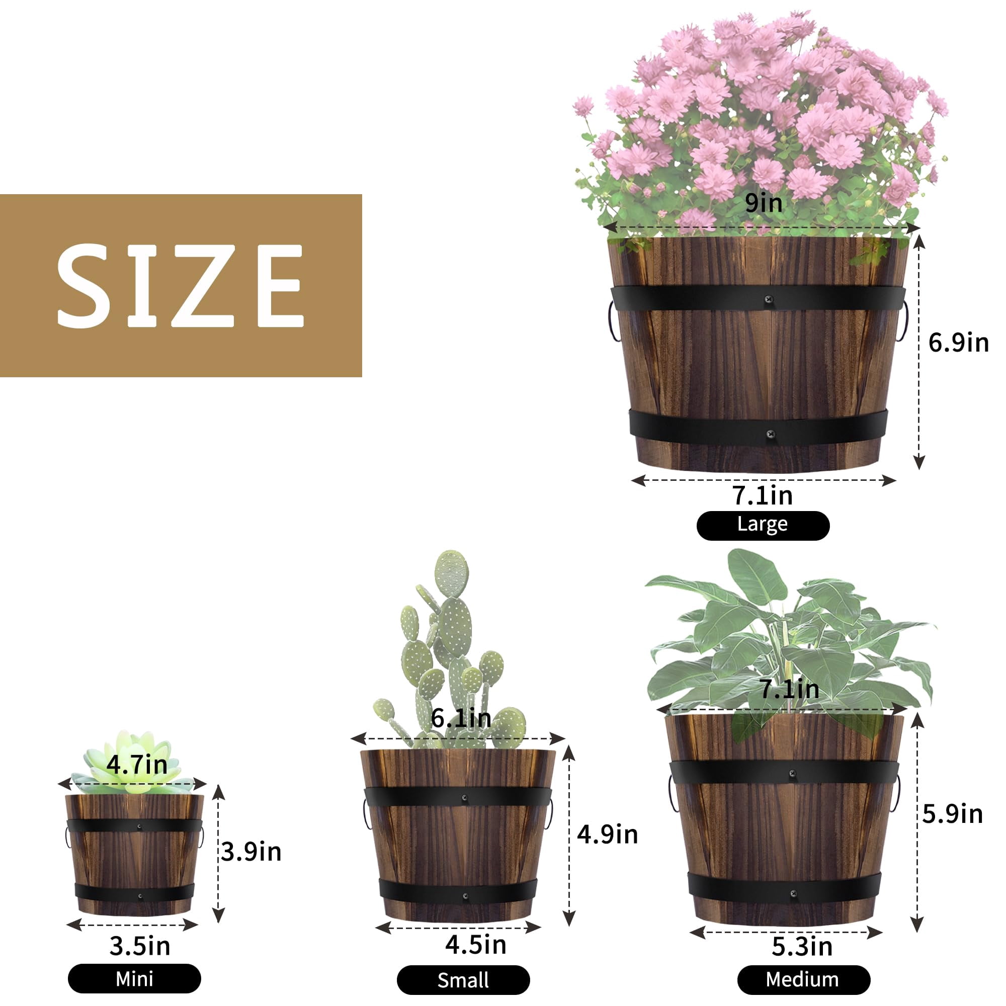 4 Pack Wooden Whiskey Barrel Planters-Set of 4 Sizes,Rustic Wood Bucket Garden Containers for Indoor Outdoor Plants (4.7", 6.1", 7.1", 9")