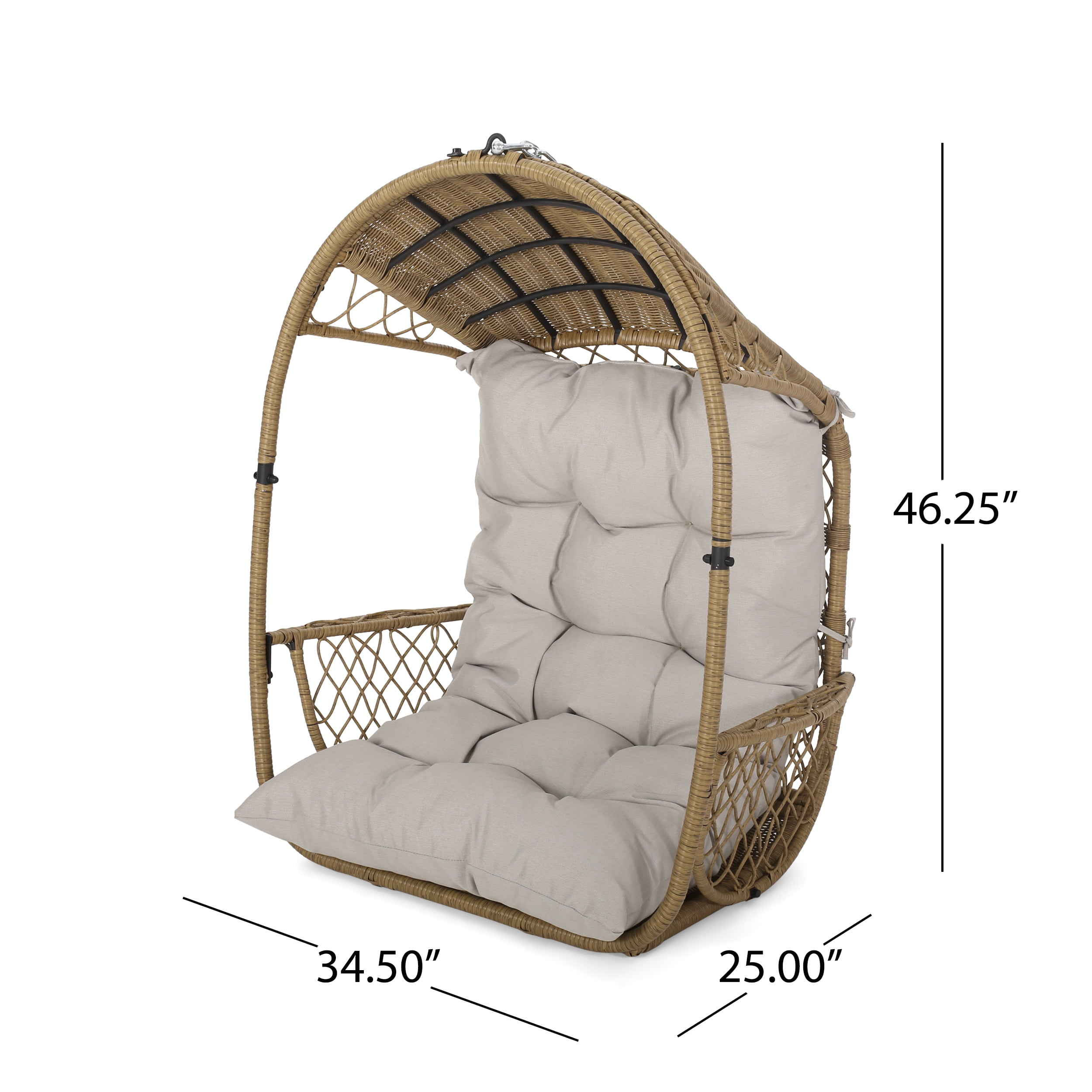 Outdoor Cushioned Hanging Leisure Chair, Wicker Weave Suspended Single Seat for Patio Garden, Light Brown and Beige