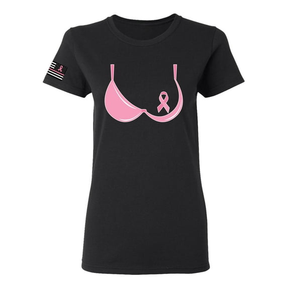 Wild Bobby Pink Ribbon Women Bra T Shirt USA Flag Sleeve Breast Cancer Awareness Women Tee, Black, 3X-Large