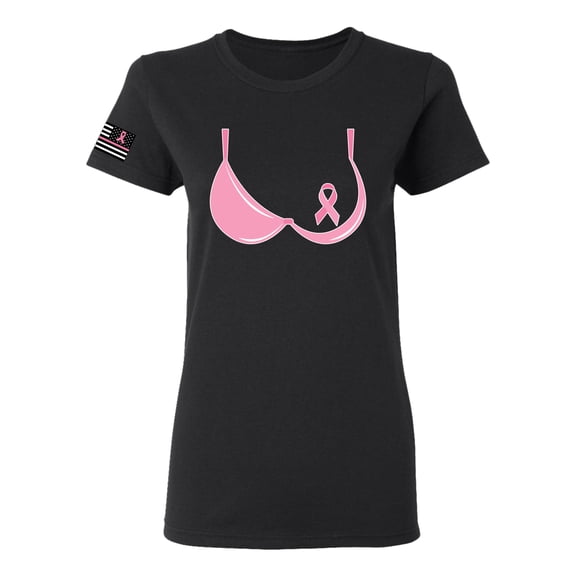 Wild Bobby Pink Ribbon Women Bra T Shirt USA Flag Sleeve Breast Cancer Awareness Women Tee, Black, Small