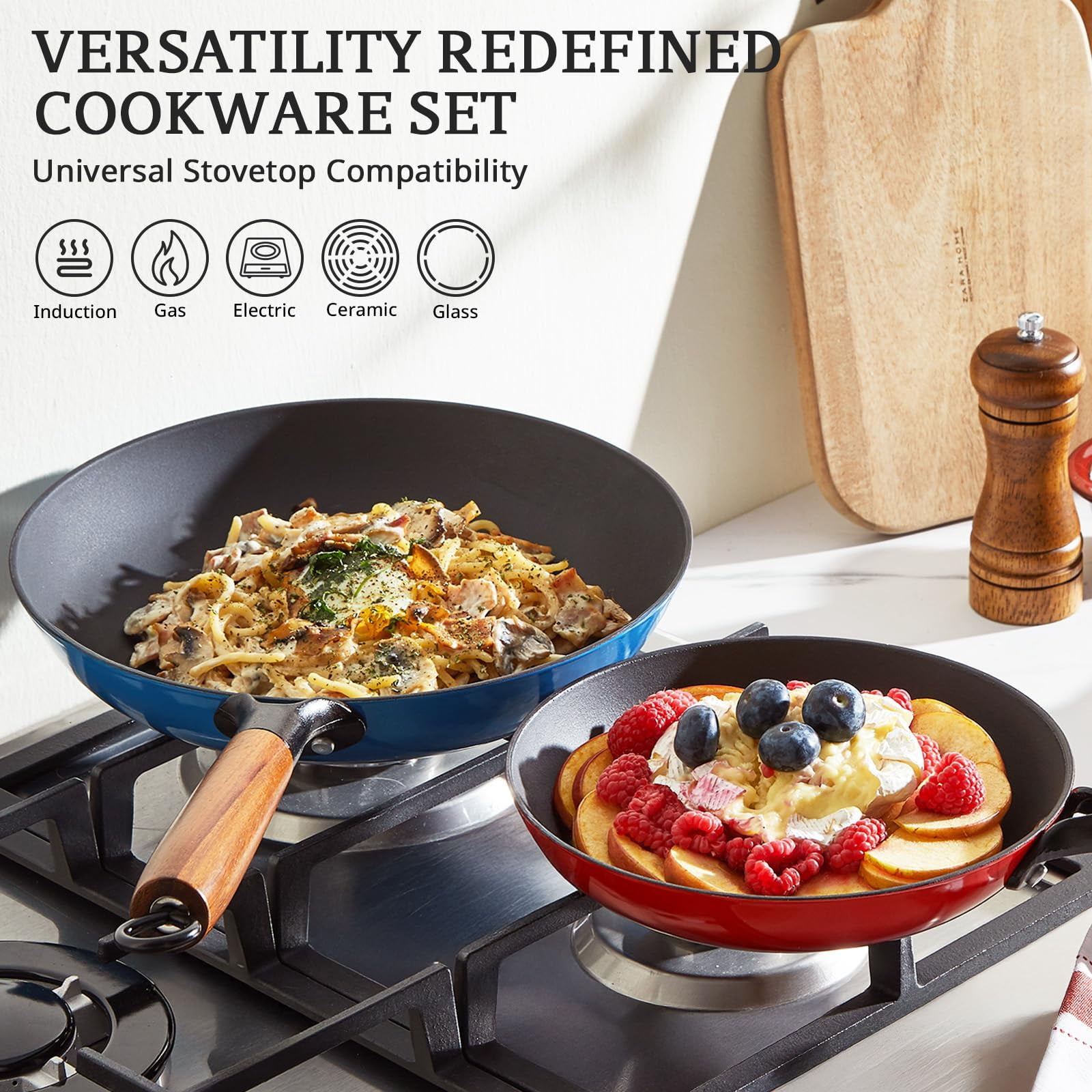 KITESSENSU Enameled Cast Iron Skillet Set of 3 (8/10/12 Inch), Titanium Nonstick Frying Pans with Cool Wooden Handle, Compatible with All Stovetops, Gradual Cobalt Blue