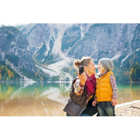 Happy Mother and Baby Making Selfie on Lake Braies in South Tyrol, Italy Print Wall Art By Mr