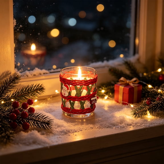 Christmas Hand Woven Glass Candle Holder, Festive Votive Cup, Xmas Table Mantel Decor, Indoor Holiday Tealight Jar