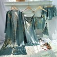 thumbnail image 1 of 4pcs Elegant Floral Print Pajamas Set, Long Sleeve Robe + Cami Dress + Cami Top + Ruffle Hem Shorts, Women's Loungewear & Sleepwear, 1 of 5