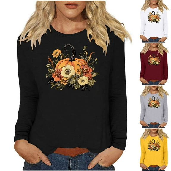 VKOYWKM Women's Thanksgiving Tops Halloween Pumpkin Graphic T Shirt Long Sleeve Fall T-Shirt Thankful Grateful Blessed Blouses Loose Fit Tunic Top