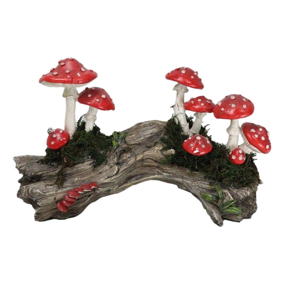 Enchanted Fairy Garden Toadstool Mushrooms Forest On Moss Tree Log Figurine