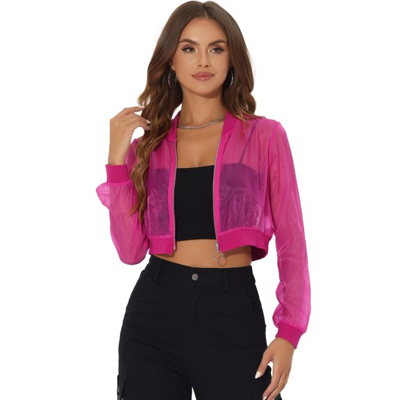 Unique Bargains Women's Crop Bomber Casual Lightweight Zip Up Jackets L Hot Pink
