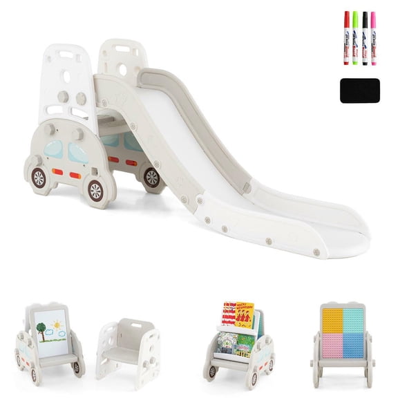 GVN 5 in 1 Toddler Slide with Stool and Book Rack, Indoor Slide for Kids, Indoor, Gray