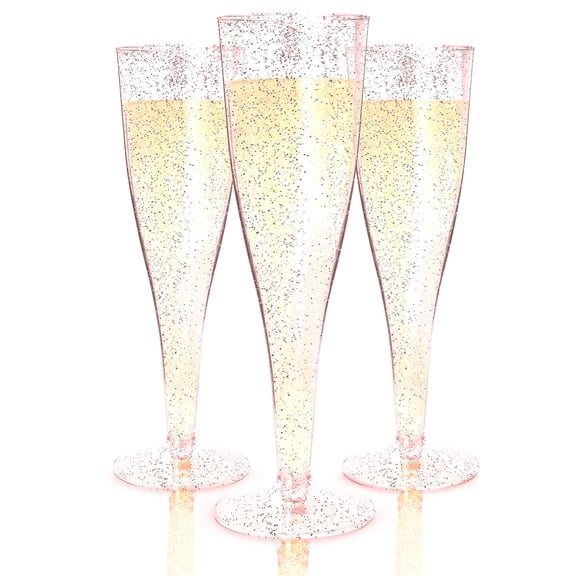 Prestee 24 Champagne Flutes Plastic – Disposable Rose Gold Glitter Champagne Glasses for Parties – Perfect for Mimosa Bar, Wedding, Shower, or New Year’s Eve Party Supplies 2024 (Gold)