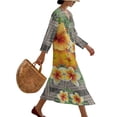 thumbnail image 3 of DISNIMO Polynesian Plumeria Print Womens Casual Maxi Dresses Linen Style Loose Fit Dress V Neck 3/4 Sleeve Shift Dress Fashion Long Dresses for Women, XL, 3 of 6