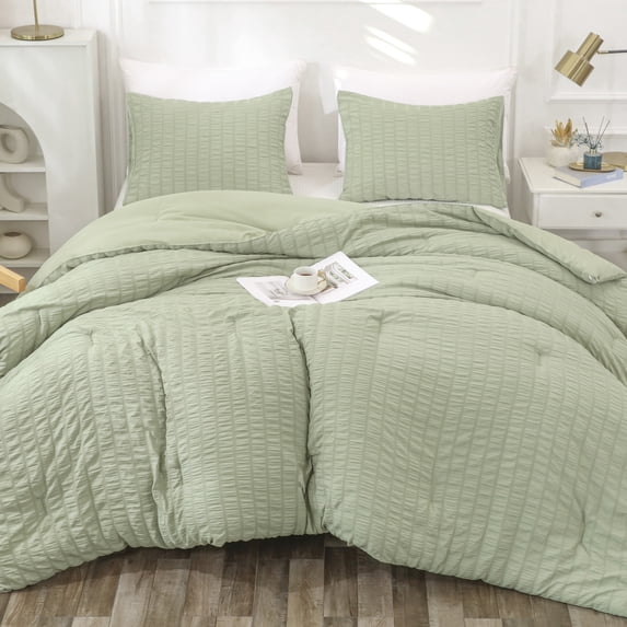 LUCKYBULL Sage Green Twin Seersucker Comforter Set (66x90 inch), 2 Pieces Textured Comforter with 1 Pillowcase, Soft Lightweight Microfiber Down Alternative Bedding Set for All Season