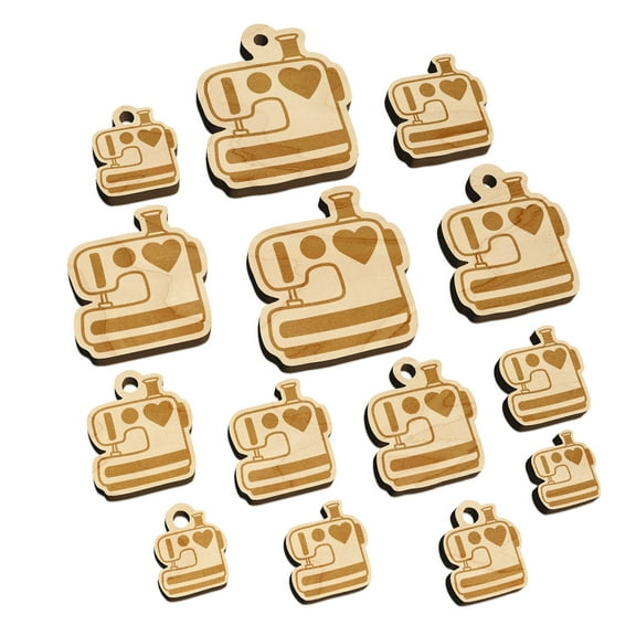 Sewing Machine with Heart Wood Mini Charms Shapes DIY Craft Jewelry - With Hole - Various Sizes (16pcs)