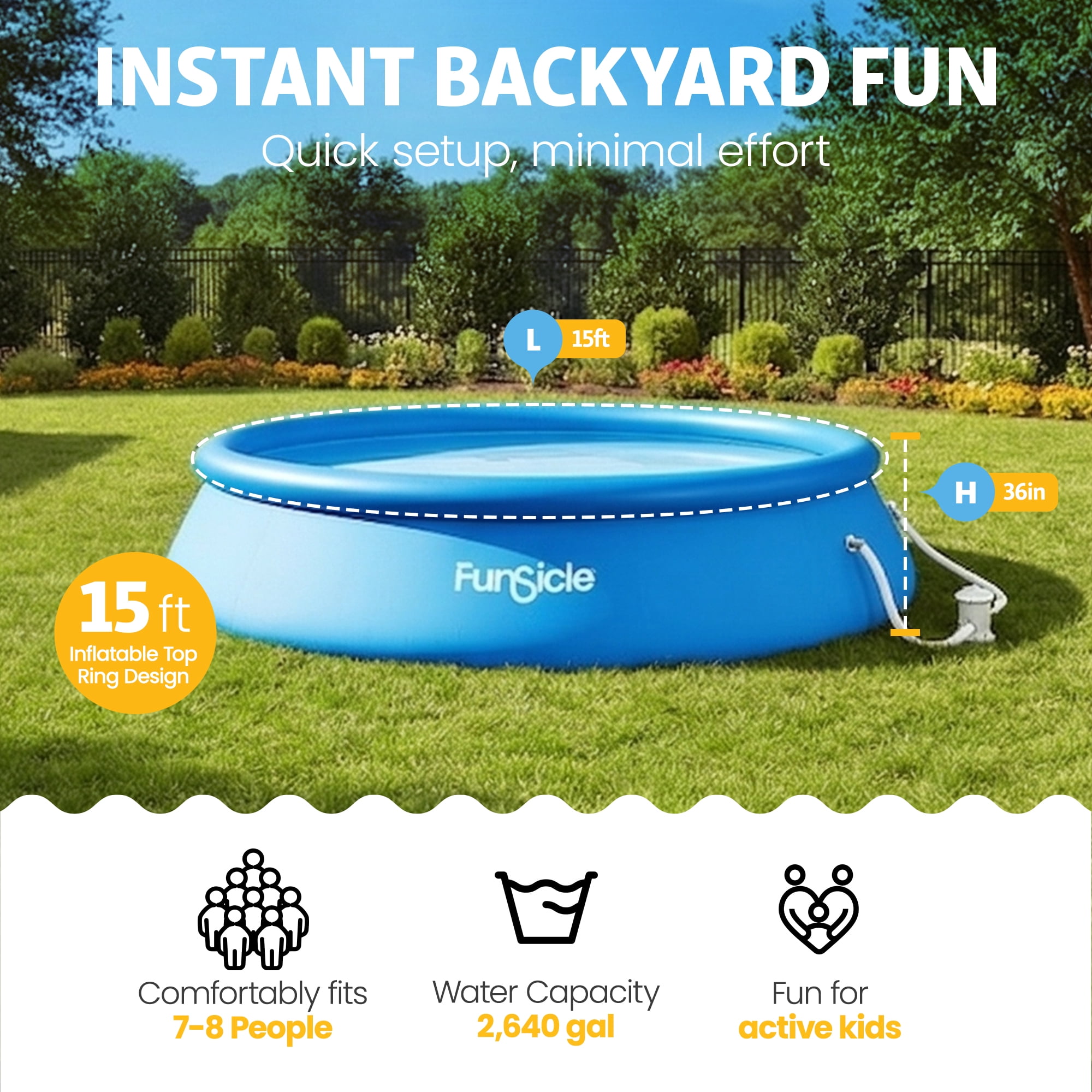 Funsicle QuickSet 15' x 36" Round Inflatable Top Ring Above Ground Swimming Pool Set