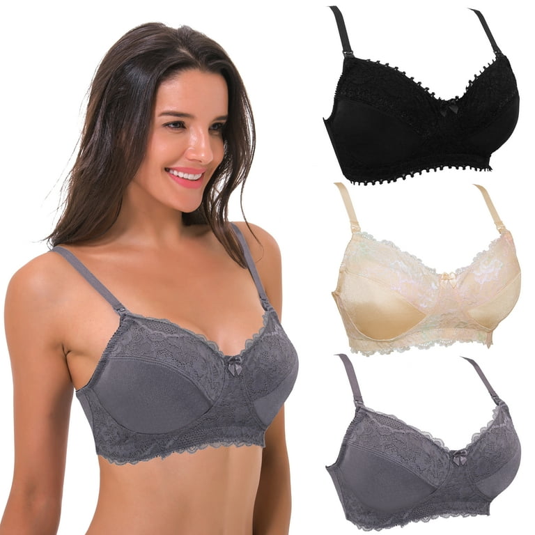 Curve Muse Women's Plus Size Nursing Wirefree Bra With Full Figure  Lace-3Pack-GRAY,NUDE,BLACK-34D