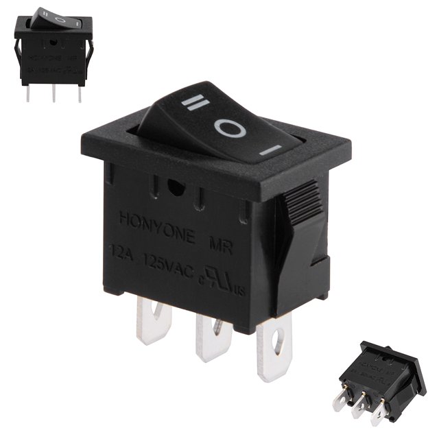 Unique Bargains AC 125V/12A 250V/10A SPDT 3P 3 Position On-Off-On Rocker Switch in black, designed for electrical accessories with snap-in mounting and marked positions for precise indications. UL certified with three terminals, suitable for resistive loads at 125V/12A or 250V/10A. Commonly used in cars, motorcycles, boats, and machines.