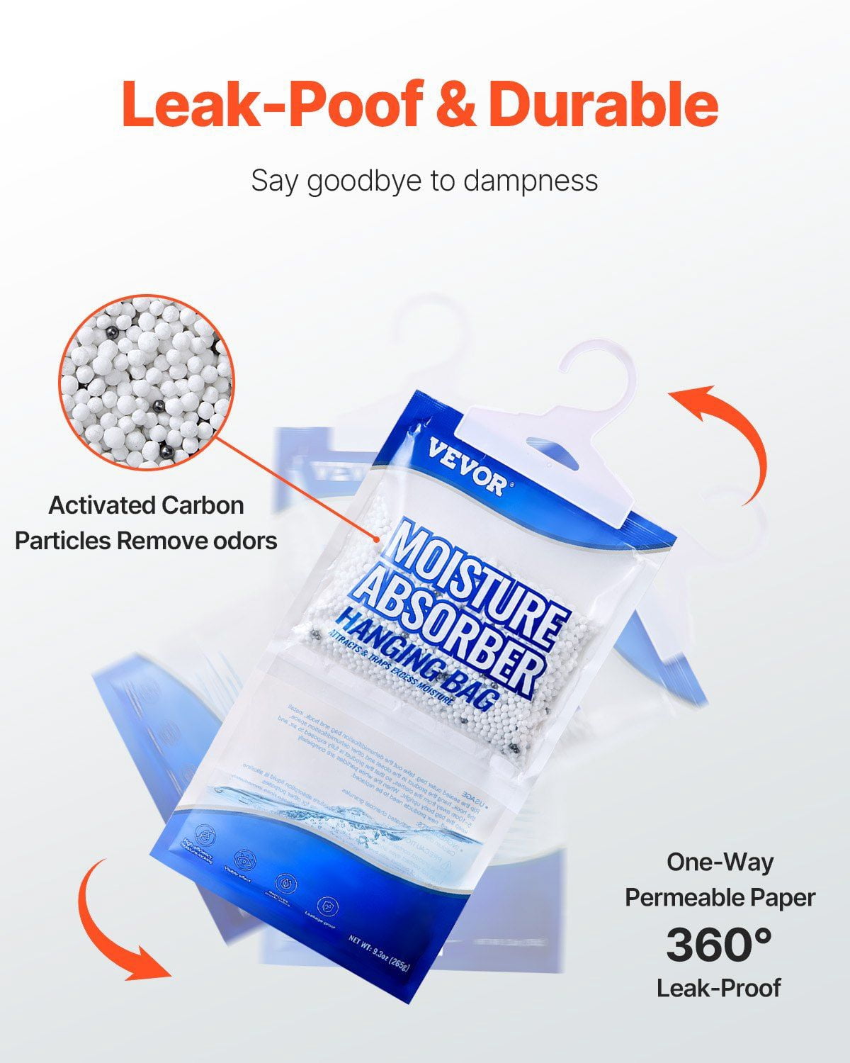 Hanging Moisture Absorber 10 Packs, 9.3 oz Closet Dehumidifier Bags with 500ml Capacity, Fragrance-Free Moisture Bags for Wardrobes, Bedrooms, Bathrooms, Kitchens, Damp Spaces, for Odor Control