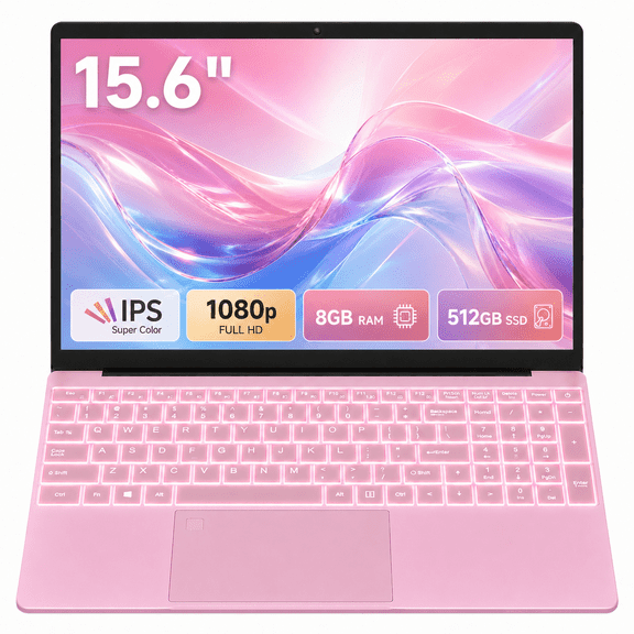 MINIHYPER Pink Laptop Computer 15.6" FHD, 8GB RAM, 512GB SSD, Windows 11 Pro, Backlit Keyboard, Fingerprint Reader, Lightweight Notebook for School & Office ,2-Year Warranty