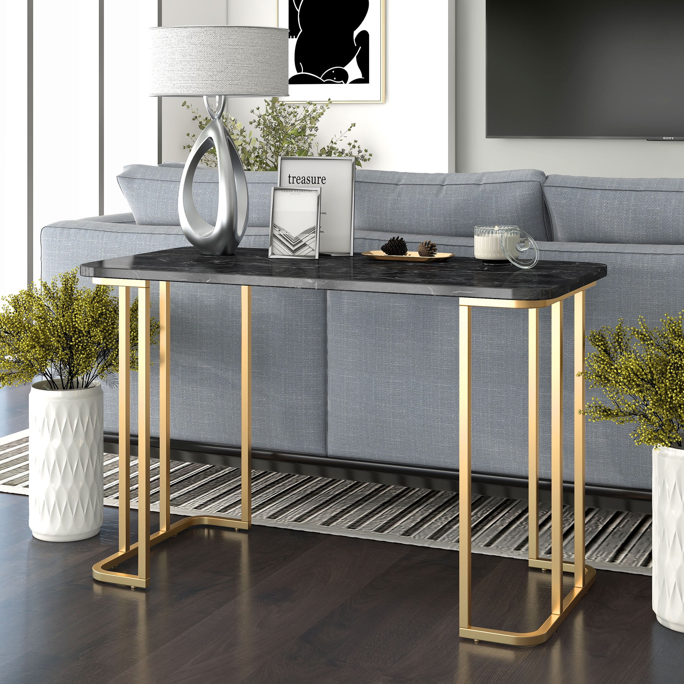 Furniture of America Musel Faux Marble Top Console Table, Black