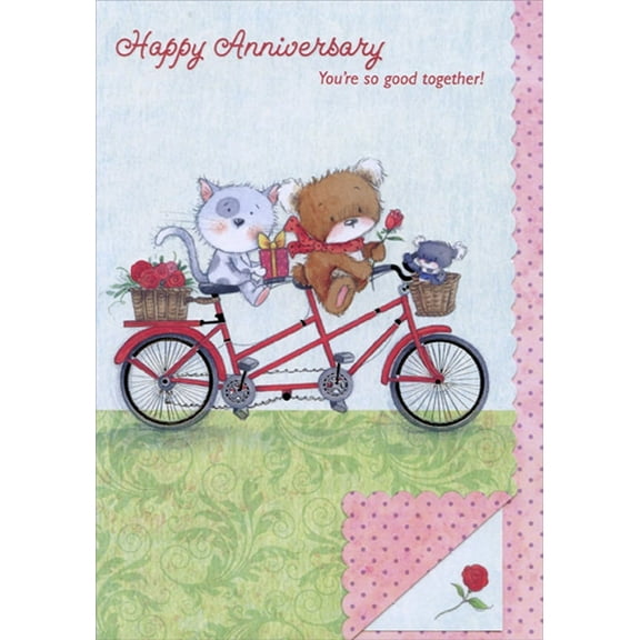 Designer Greetings Kitten and Bear Riding Red Bicycle Die Cut Scalloped Edge Anniversary Congratulations Card for Couple