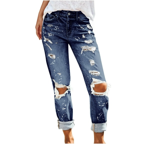 LYXSSBYX Jeans for Women Fashion Women Pockets Button Mid Waist Skinny Ripped Jeans Trousers Hole Pants