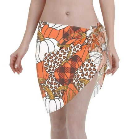 Adobk Women Beach Sarong Bathing Suit Various Pumpkins Print Wrap Skirt Sheer Bikini Swimsuit Cover Ups For Swimwear