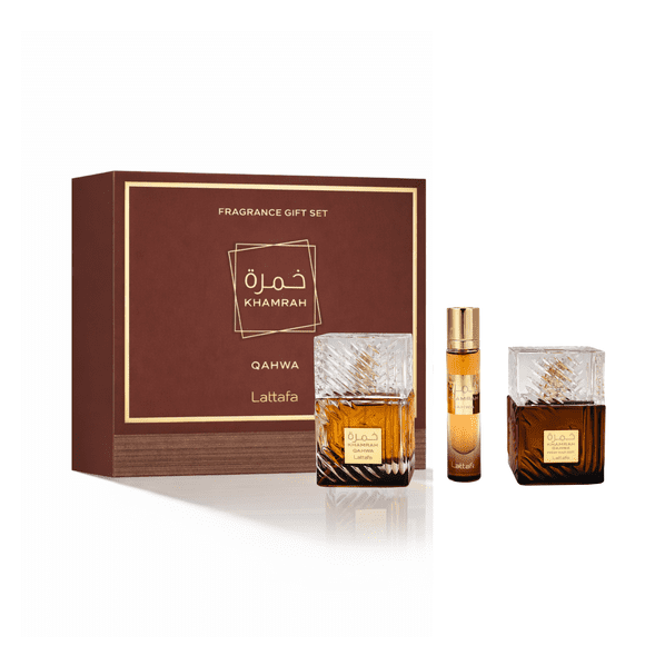 SET DE REGALO DE 3 PIEZAS LATTAFA KHAMRAH QAHWA (EDP 3.4 FL.OZ | 100 ML, EDP 0.4 FL.OZ | 12 ML, BRUMA PARA EL CABELLO 1.6 FL.OZ | 5 ML)