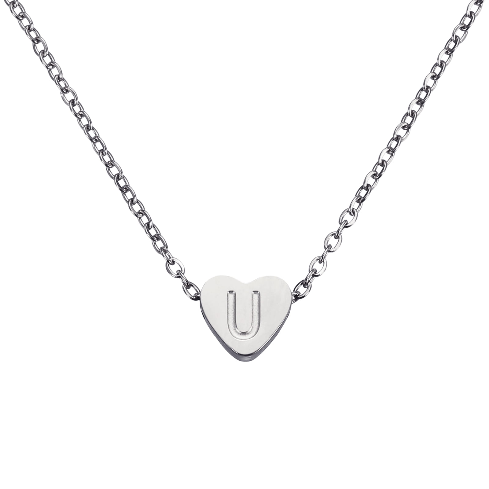 Uxcell Initial Heart Necklace for Women, 18K Gold Plated Stainless Steel Chain Dainty Personalized Name Letter U Pendant Necklaces for Woman Jewelry Gifts, Silver Tone