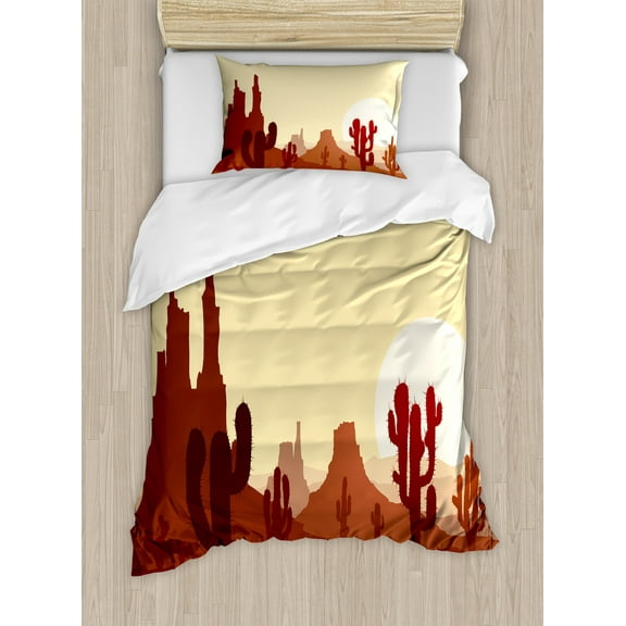Cactus Duvet Cover Set, Arid Country Landscape Sunset in Stone Desert Saguaro and Mountains, Decorative 2 Piece Bedding Set with 1 Pillow Shams, Twin Size, Yellow Brown Redwood, by Ambesonne