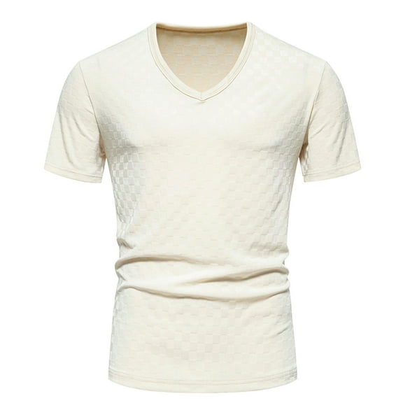 Penkiiy 2024 Men Casual Solid Fashion Pullover V-neck Short Sleeve T Shirt Blouse S Beige