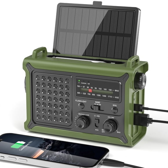Solar Radio Emergency Hand Crank 12000mAh with Clear Signal, AM FM NOAA Weather Radio Battery Operated with 2-Mode LED Flashlight Cell Phone Charger