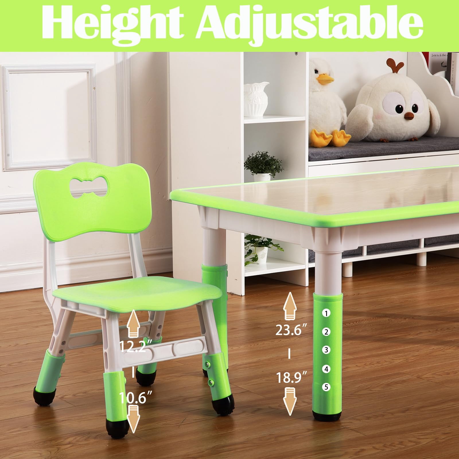 Huisuilinss Kids Table And Chair Set,Height Adjustable Desk With 6 Seats,Graffiti Desktop,Non-Slip Legs,Max 300lbs Children Multi-Activity Table For Ages 2-10,Classrooms Daycares Home