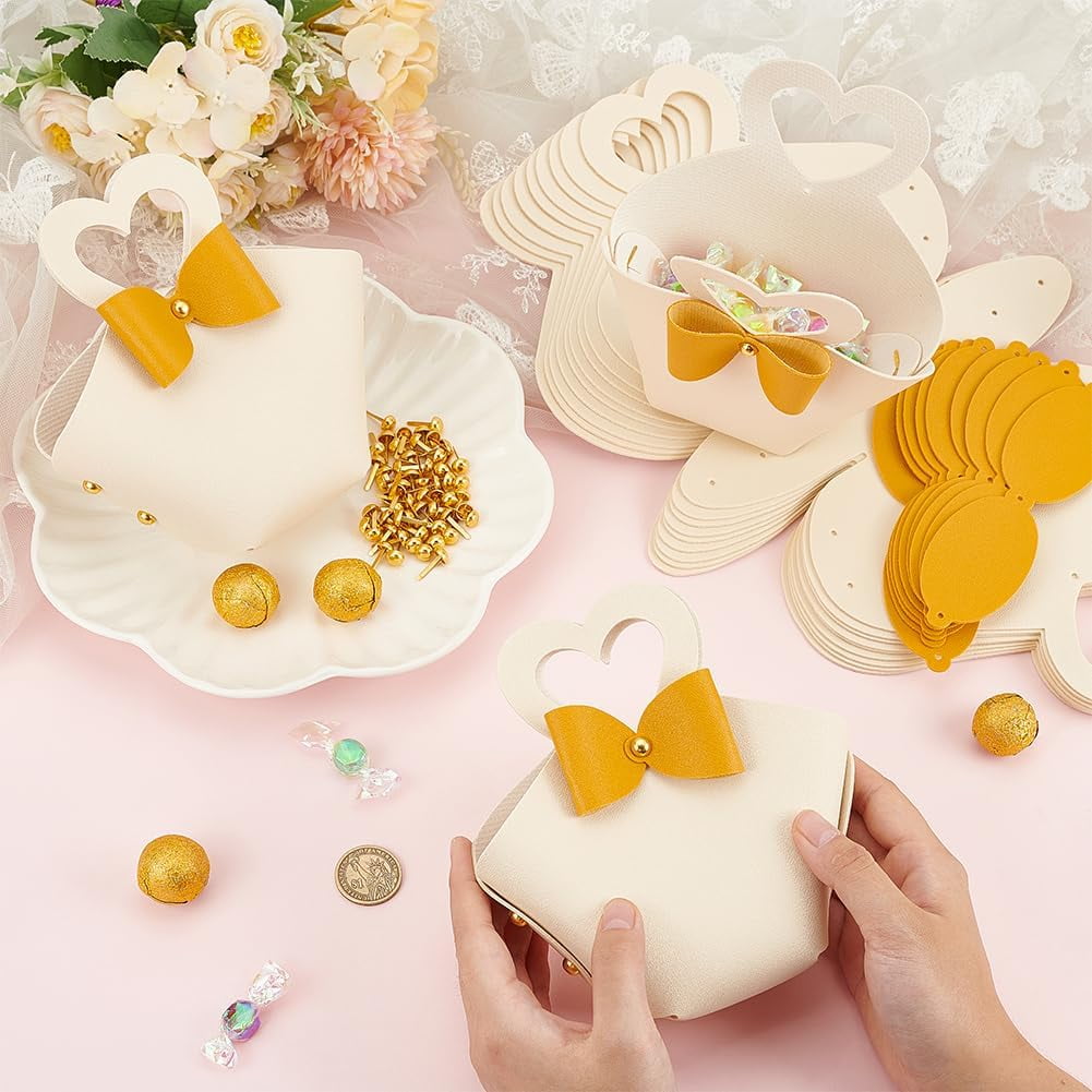 White 12 Sets PU Leather Bowknot Gift Box with Handle 6.3x4.9x2inch Reusable Leather White Treat Box with Gold Heart Handle Mini Handbag for Birthday Wedding Party Baby Shower