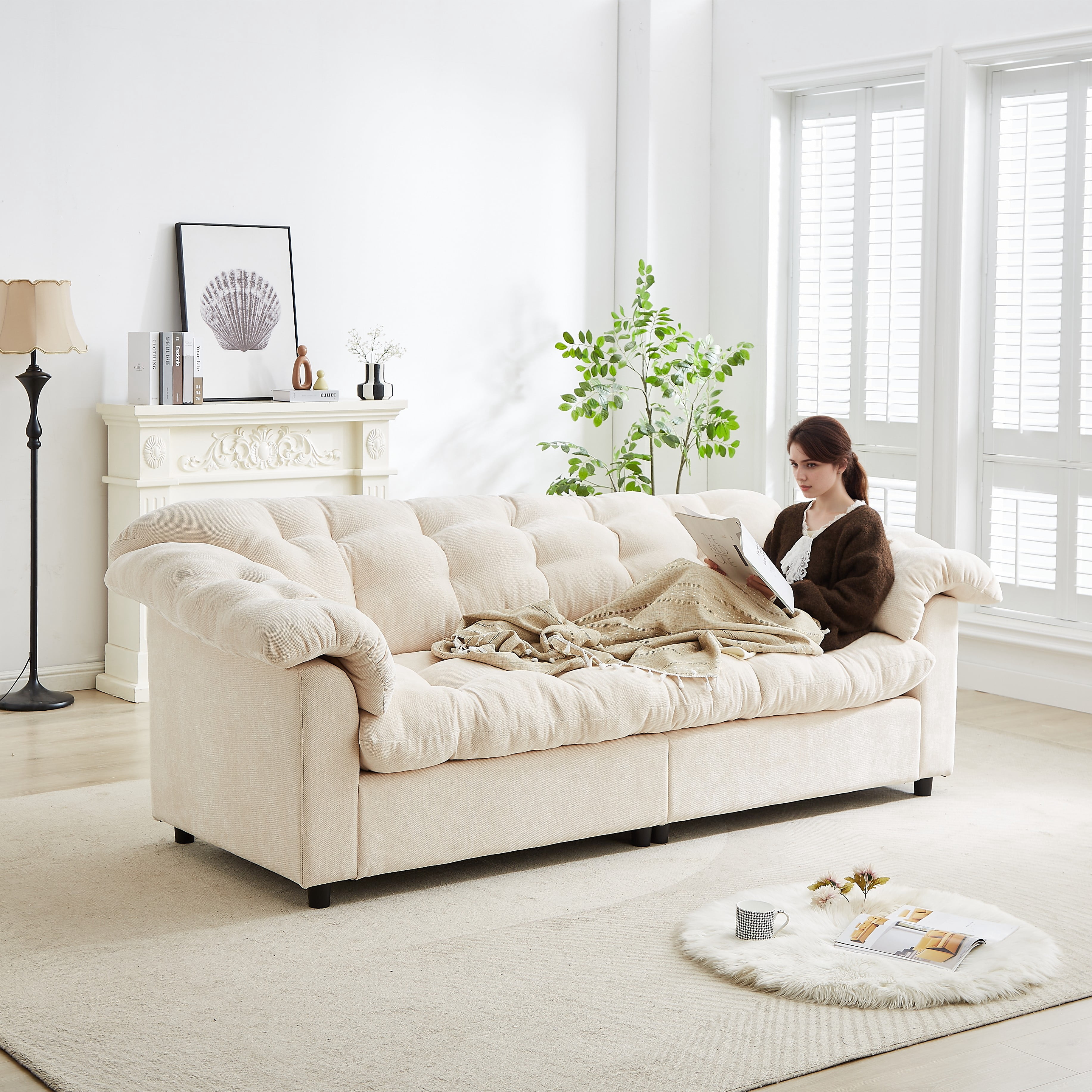 Eyisean 94.8" Chenille Oversized Tufted Loveseat Sofa, Comfy Fluffy Upholstered Cloud Couch with Armrest Pillows, Modern Deep Seat Sectional Couches for Living Room, Bedroom, Apartment