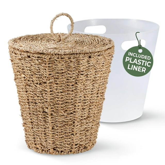 Cesto de basura de 12 litros con tapa y forro para hierba marina - 84ECO