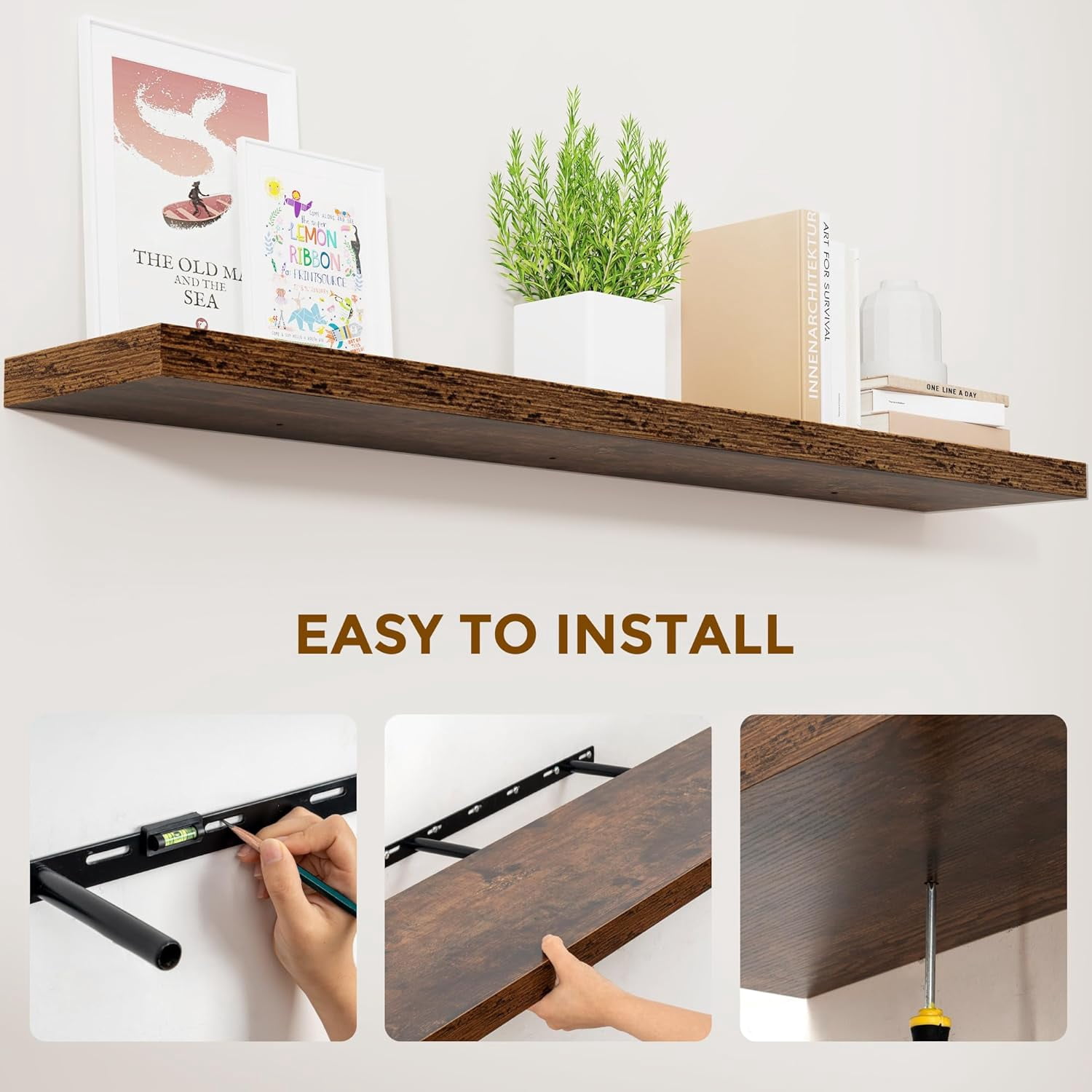 55 Inch Brown Floating Shelves, 9.3 Inch Deep Wall Mounted Floating Shelf, 55 x 9.3 Large Storage Wall Shelf for Living Room, Floating TV Stand, Farmhouse Rustic 55" Long Fireplace Mantel