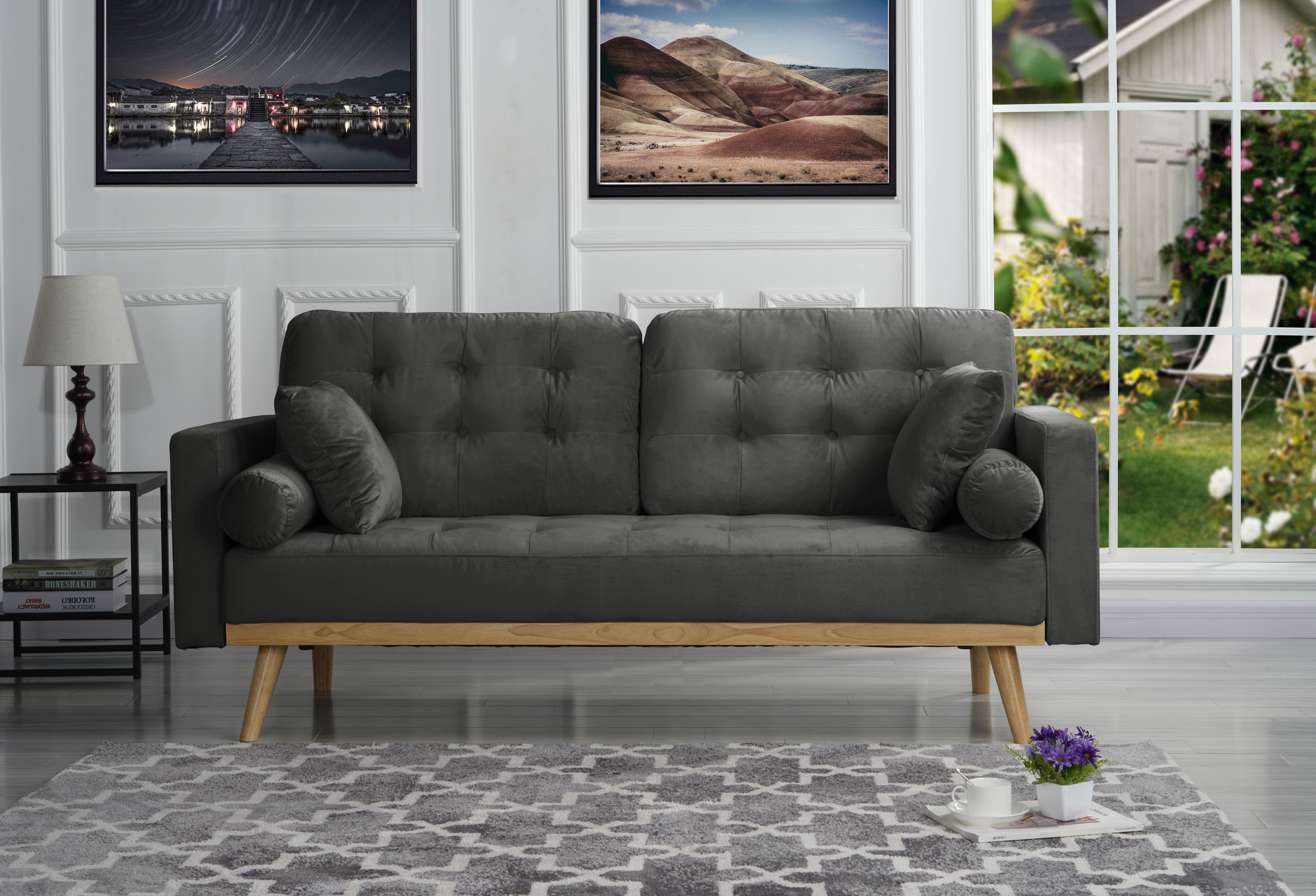 Modern Mid-Century Velvet Fabric Sofa, Dark Gray - Walmart.com